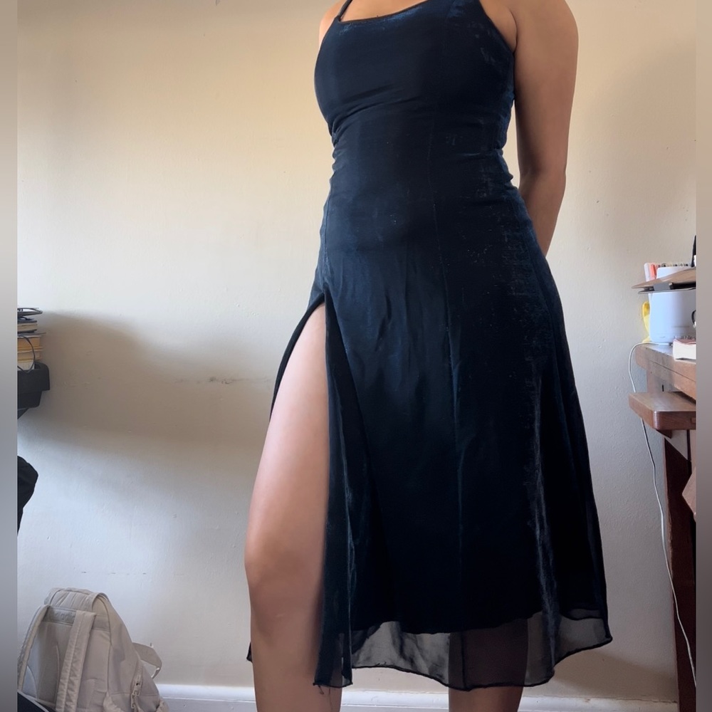 Blue Mesh Long Dress with Slit